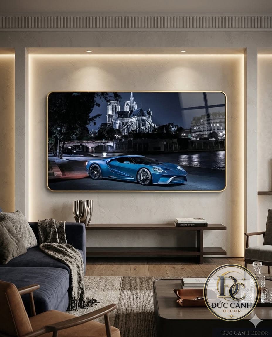 Tranh Tráng Gương Ford GT Xanh Dương Paris Về Đêm | Tranh Siêu Xe Cao Cấp