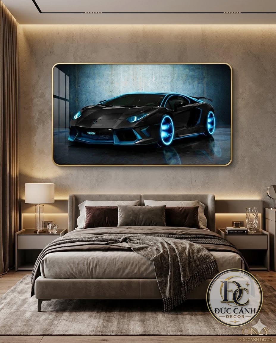 Tranh Tráng Gương Lamborghini Aventador Đen Neon Xanh | Tranh Siêu Xe Cao Cấp